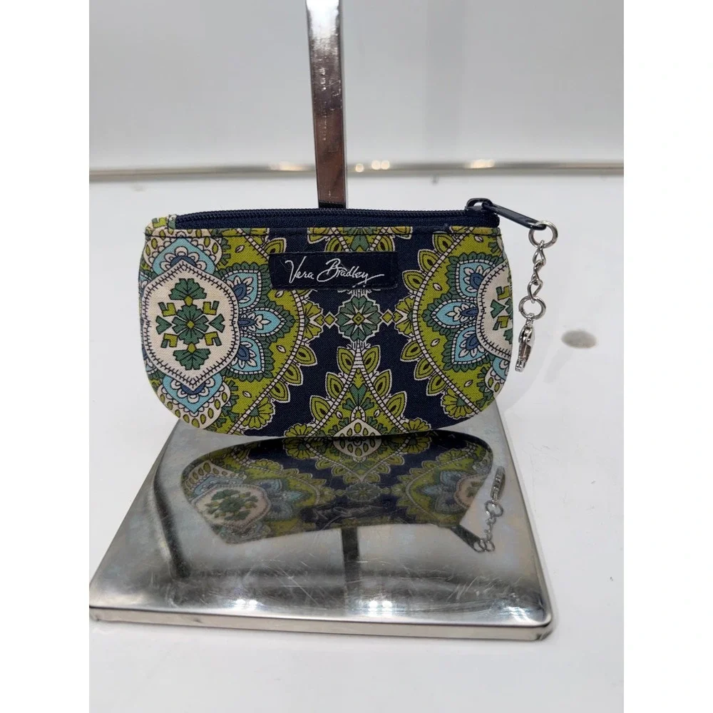 Vera Bradley Zip ID Case Provencal Blue Green Floral Paisley Keychain Wallet